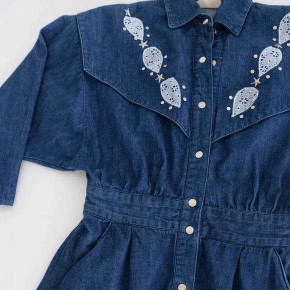 Vintage Tobi Dark Wash Button Up Western Cowgirl Denim Stud Midi Dress M - Picture 8 of 12